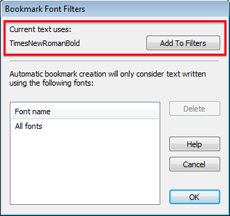 Bookmark Font Filters dialogue box