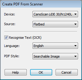 Create PDF from Scanner dialogue box