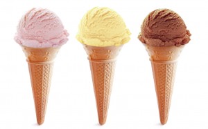 Assorted ice cream cones including chocolate, vanilla and strawberry