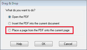 Place a page from the PDF onto the current page dialogue box