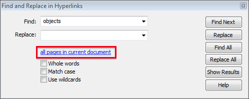 Infix Find and Replace in Hyperlinks dialogue box