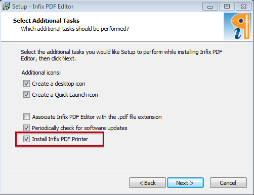 Infix Install Infix PDF Printer dialogue box