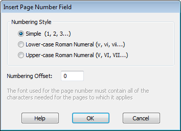 Insert Page Number Field options