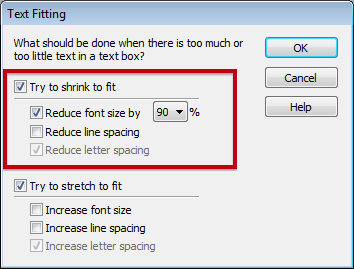 Infix Text Fitting dialogue box