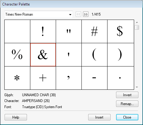 Infix Character Palette dialogue box